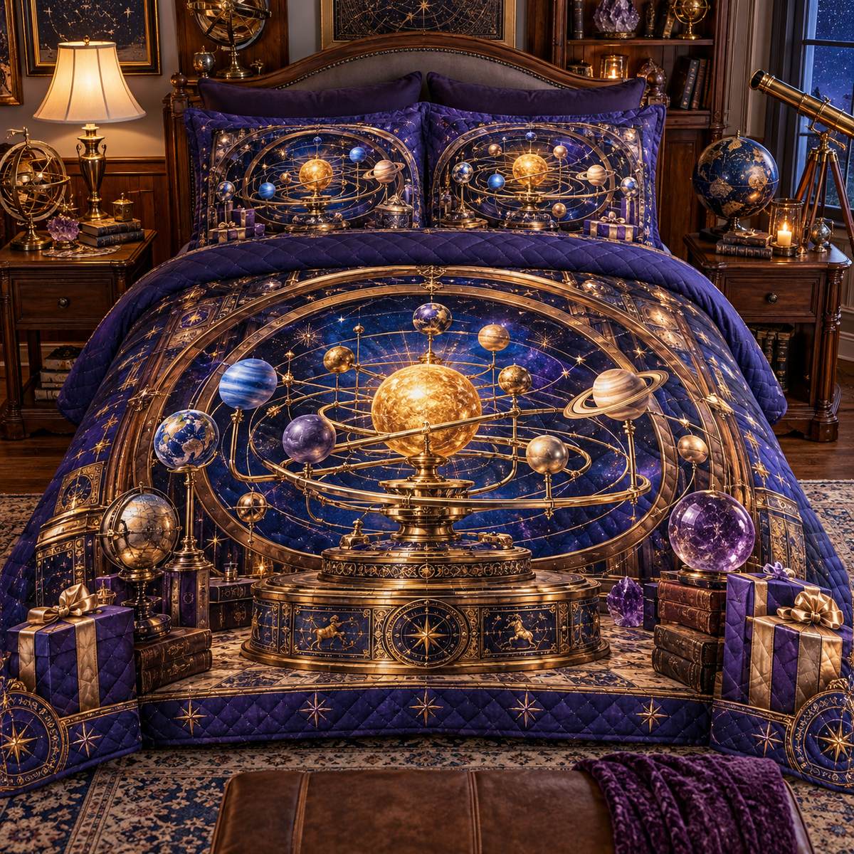Collector's Celestial Birthday Quilted Bedding Set with printed optical 3D artwork in its use setting