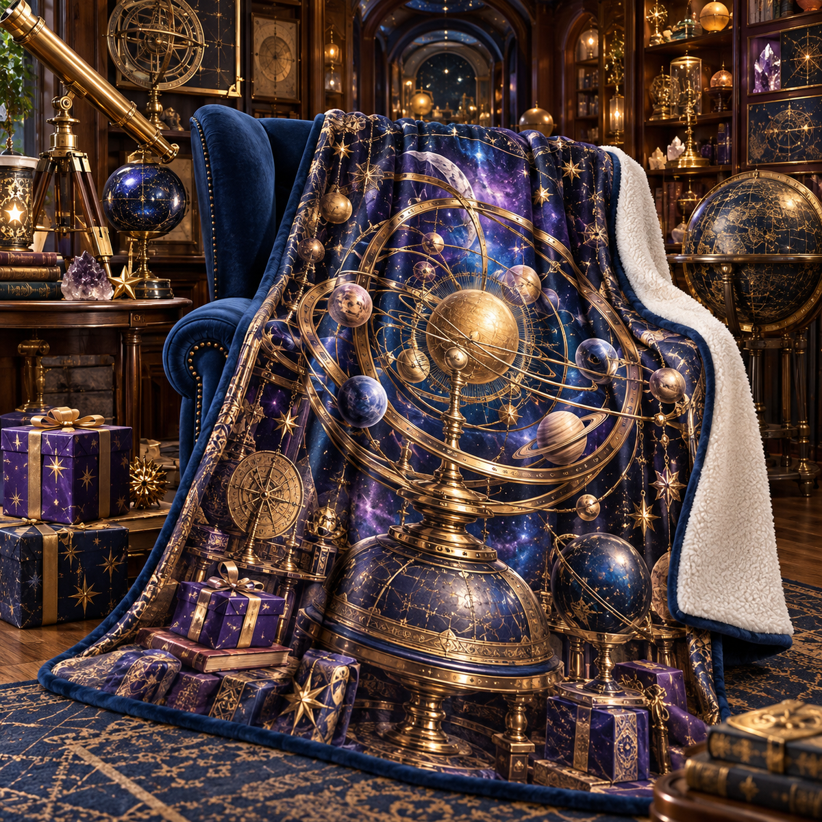 Collector's Celestial Birthday Sherpa & Fleece Blanket with printed optical 3D artwork in its use setting