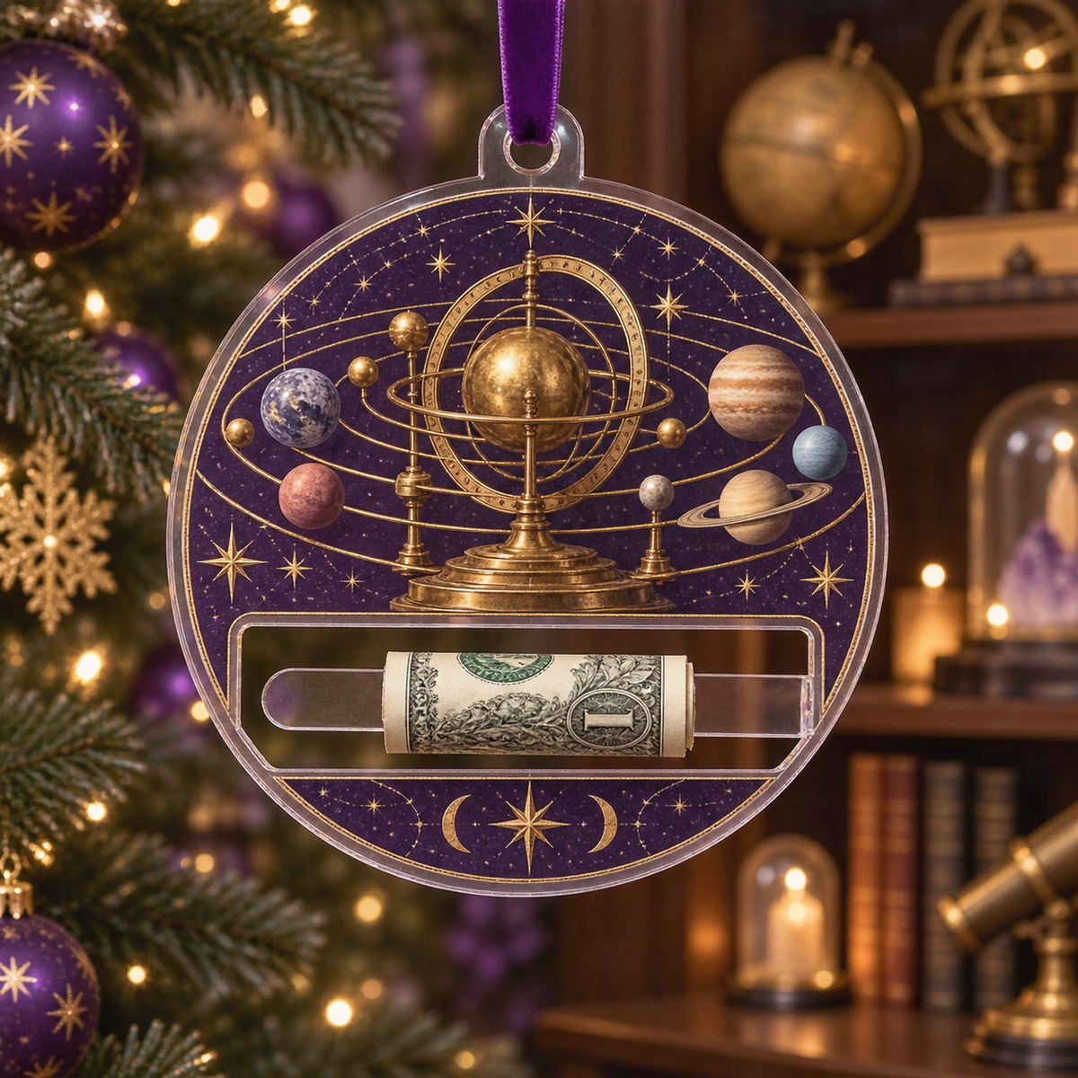 Collector's Celestial Birthday Acrylic Cash Holder Ornament with printed optical 3D artwork in its use setting