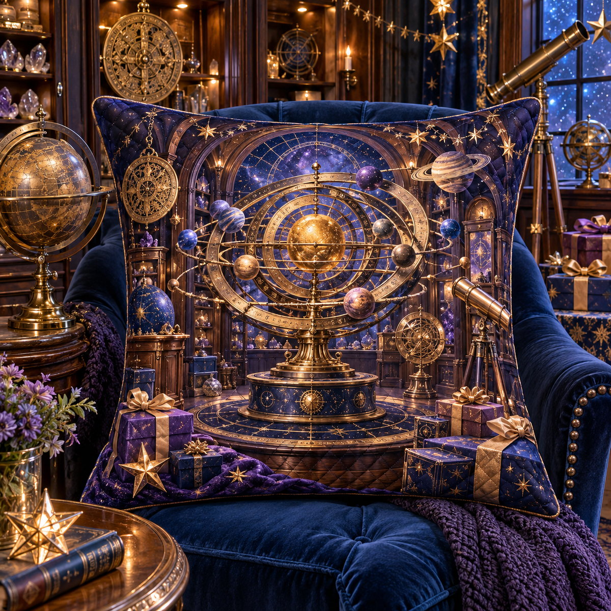 Collector's Celestial Birthday Quilted Cushion Cover with printed optical 3D artwork in its use setting