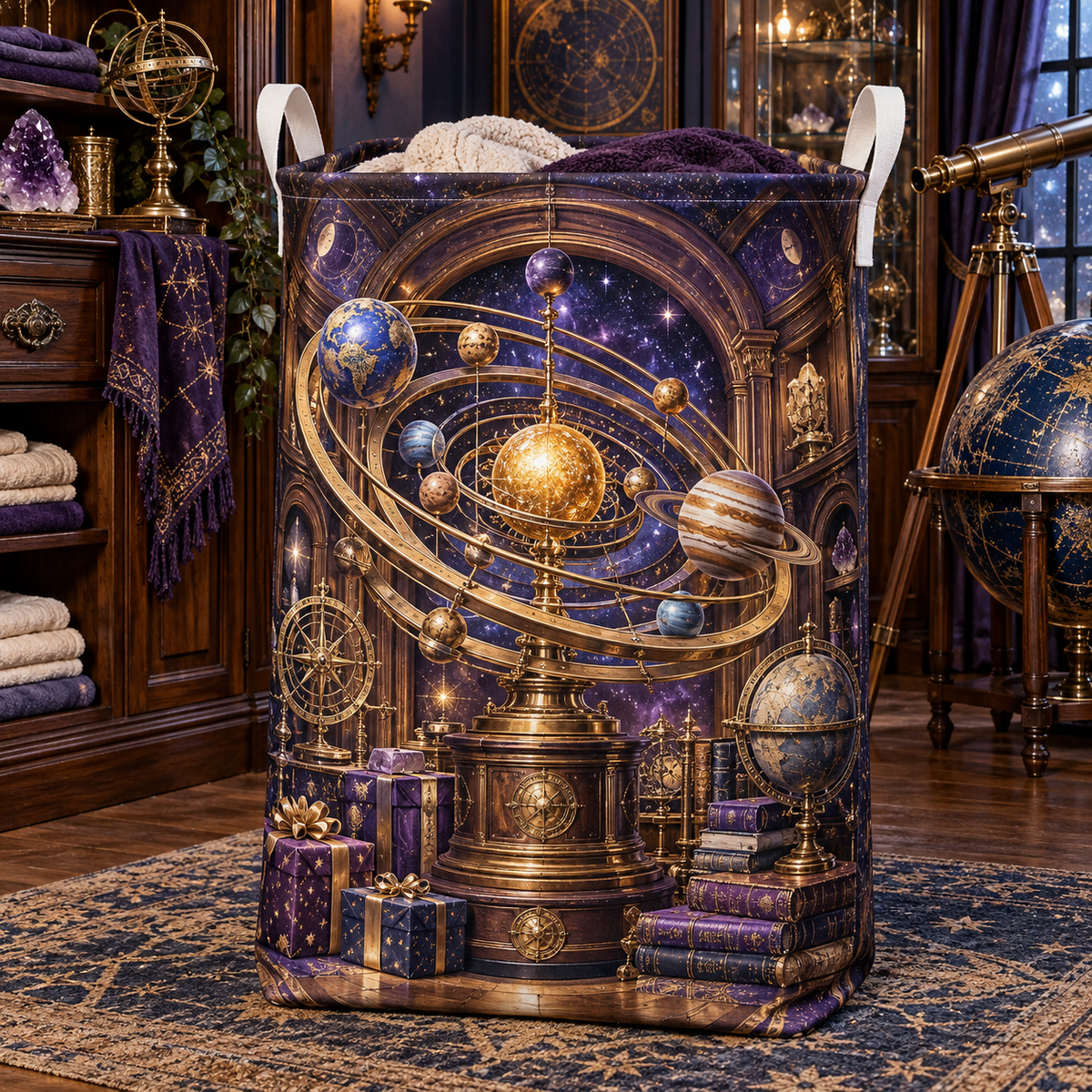 Collector's Celestial Birthday Laundry Hamper with printed optical 3D artwork in its use setting