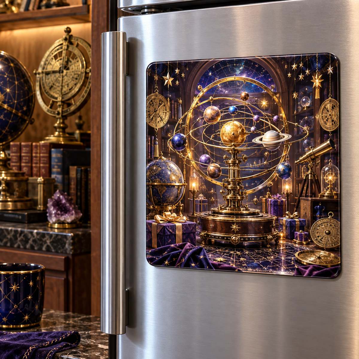 Collector's Celestial Birthday Acrylic Refrigerator Magnet with printed optical 3D artwork in its use setting