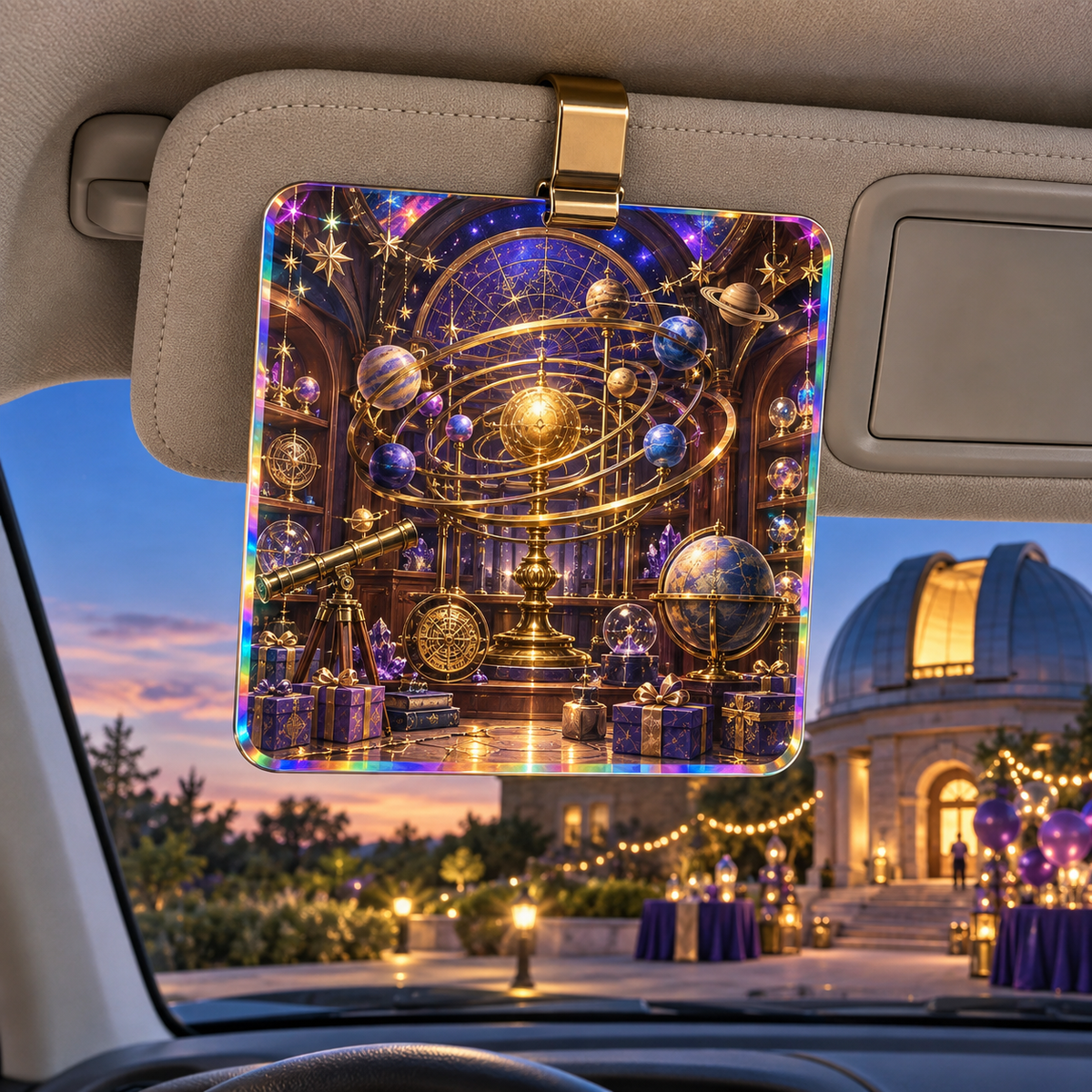 Collector's Celestial Birthday Holographic Car Visor Clip with printed optical 3D artwork in its use setting