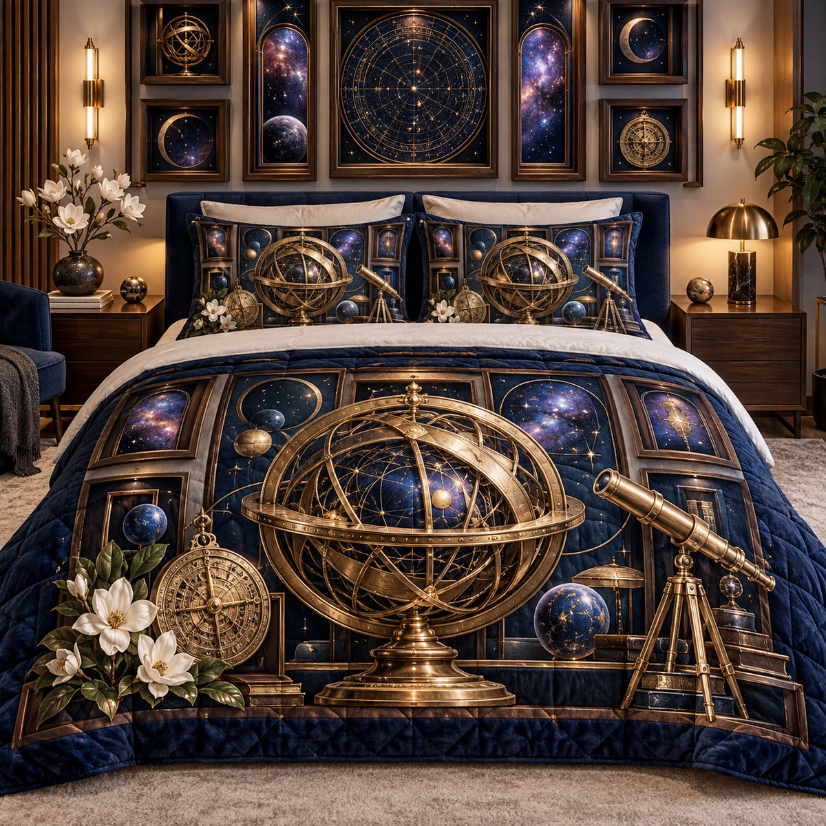 Orbit Gallery Apartment Quilted Bedding Set with printed optical 3D artwork in its use setting