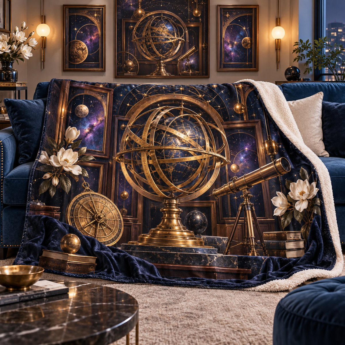 Orbit Gallery Apartment Sherpa & Fleece Blanket with printed optical 3D artwork in its use setting