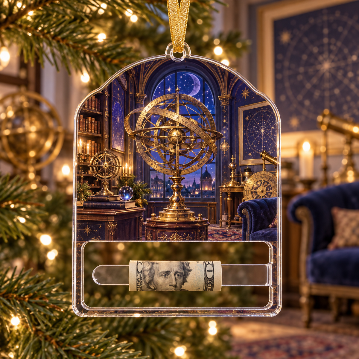 Orbit Gallery Apartment Acrylic Cash Holder Ornament with printed optical 3D artwork in its use setting