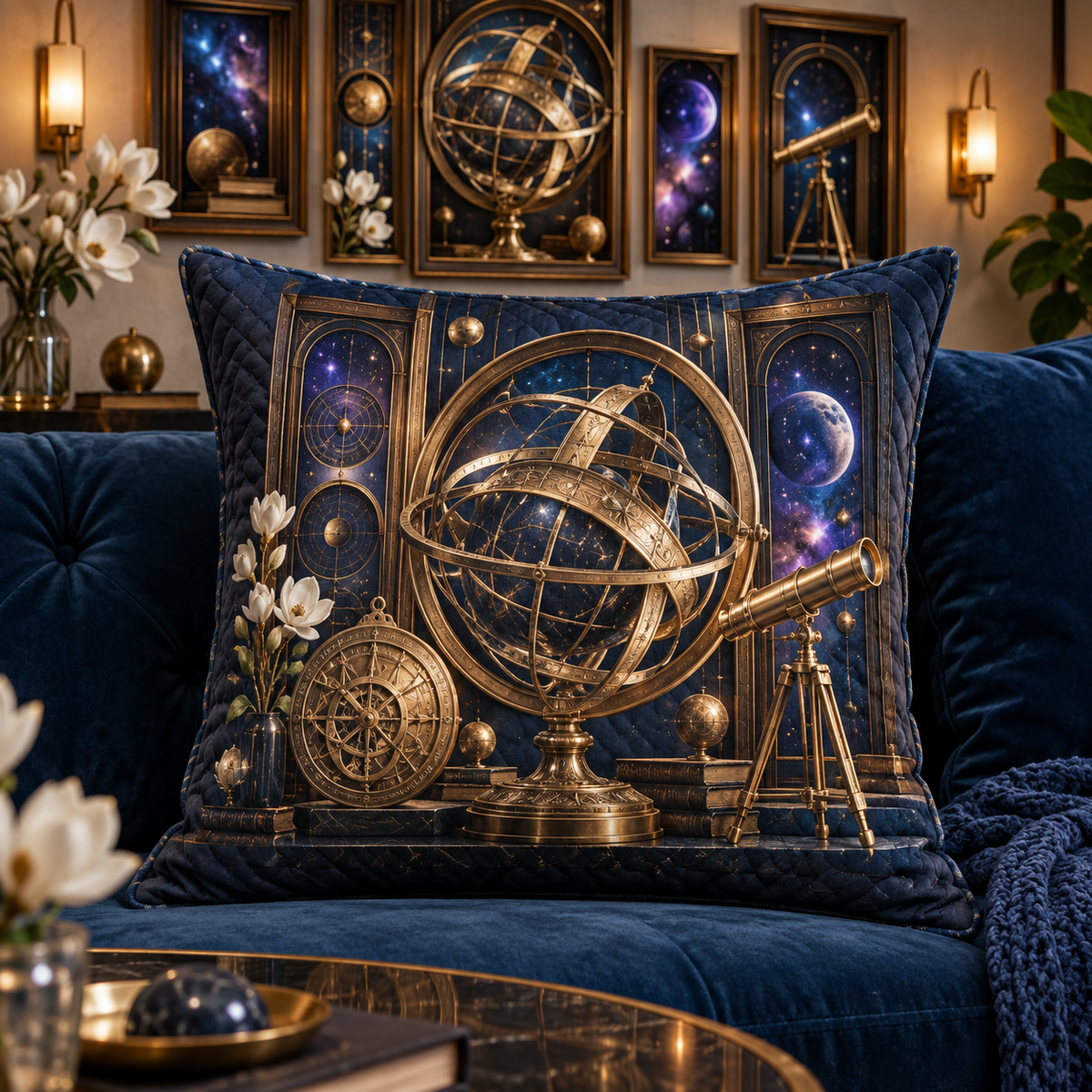 Orbit Gallery Apartment Quilted Cushion Cover with printed optical 3D artwork in its use setting