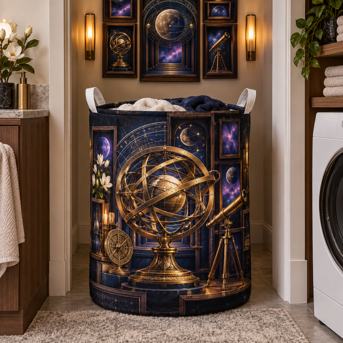 Orbit Gallery Apartment Laundry Hamper with printed optical 3D artwork in its use setting