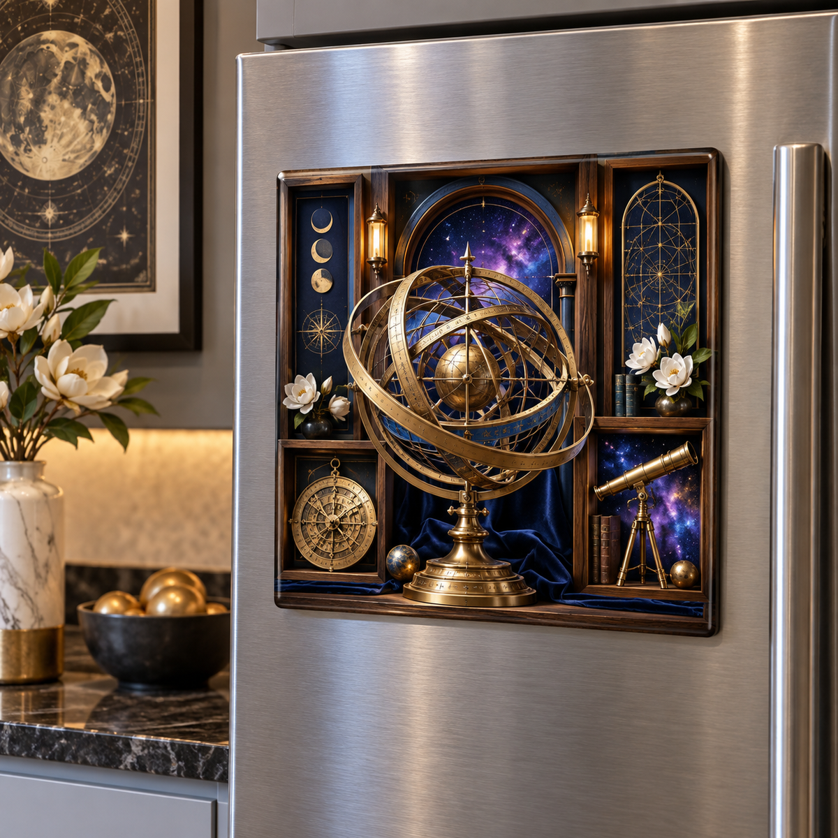 Orbit Gallery Apartment Acrylic Refrigerator Magnet with printed optical 3D artwork in its use setting