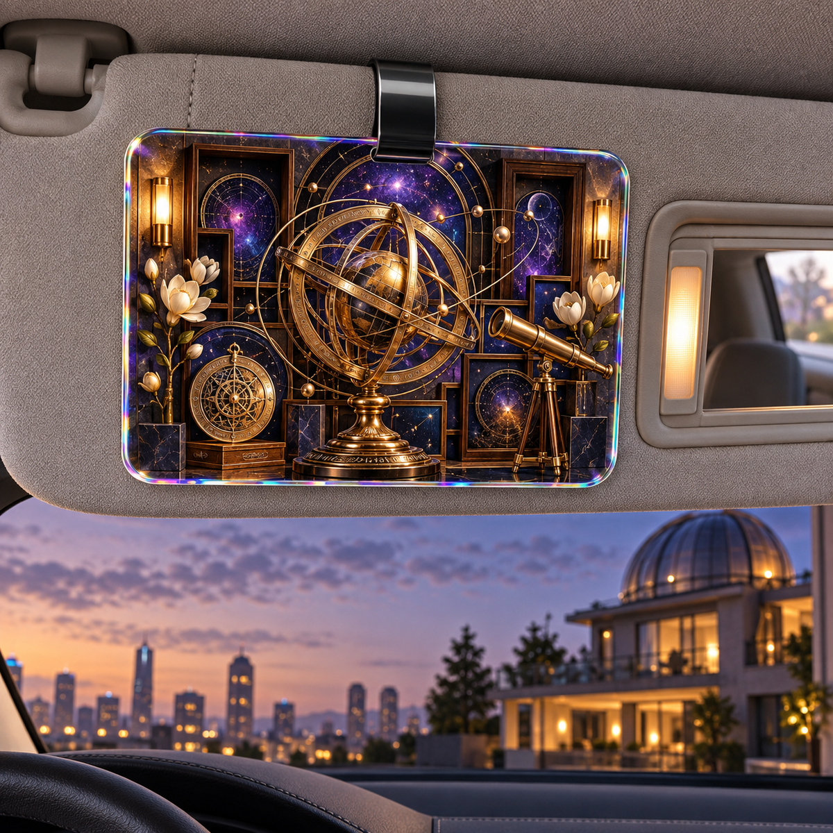 Orbit Gallery Apartment Holographic Car Visor Clip with printed optical 3D artwork in its use setting