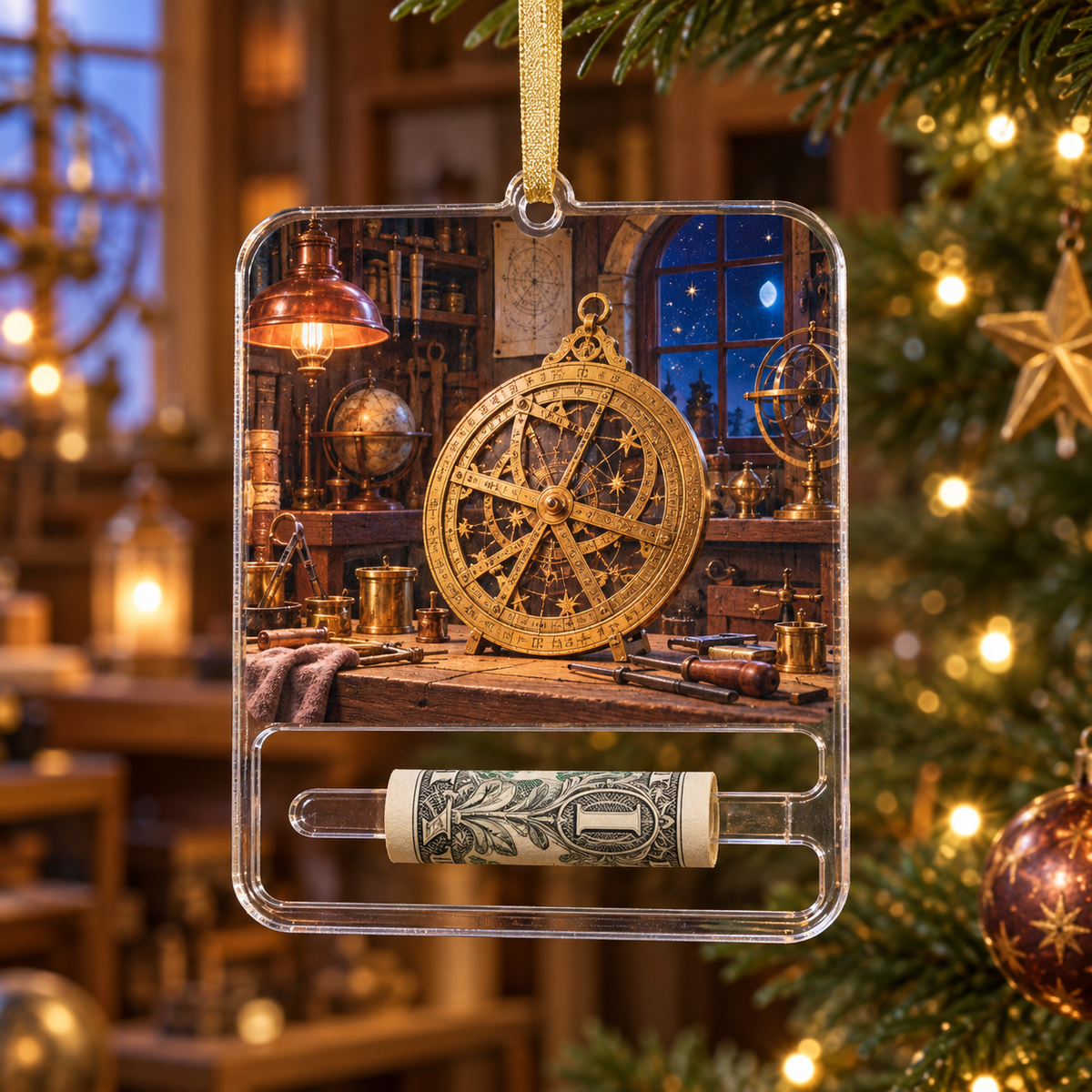 Starwright Workshop Acrylic Cash Holder Ornament with printed optical 3D artwork in its use setting