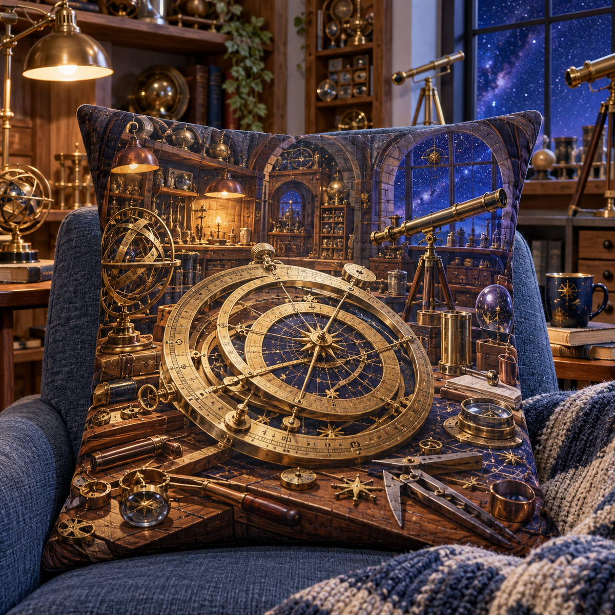Starwright Workshop Quilted Cushion Cover with printed optical 3D artwork in its use setting