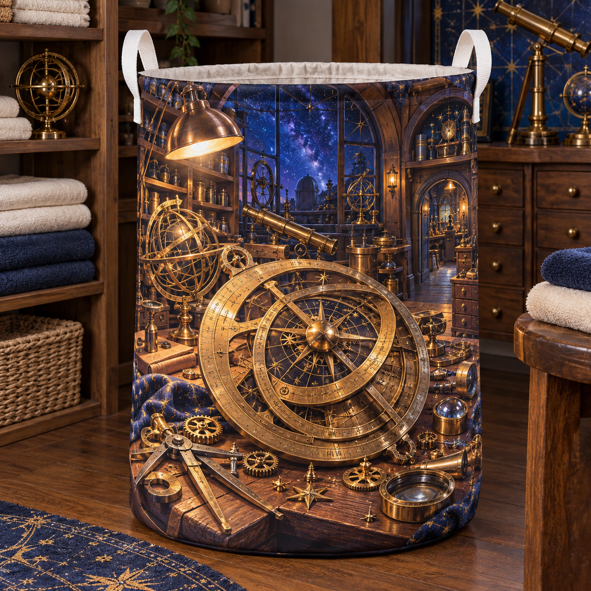 Starwright Workshop Laundry Hamper with printed optical 3D artwork in its use setting