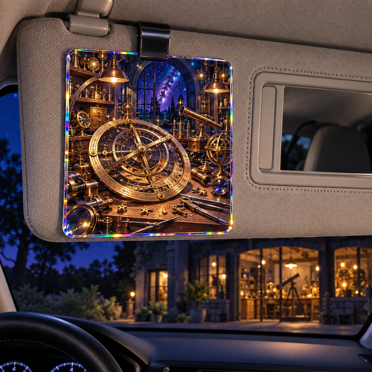 Starwright Workshop Holographic Car Visor Clip with printed optical 3D artwork in its use setting