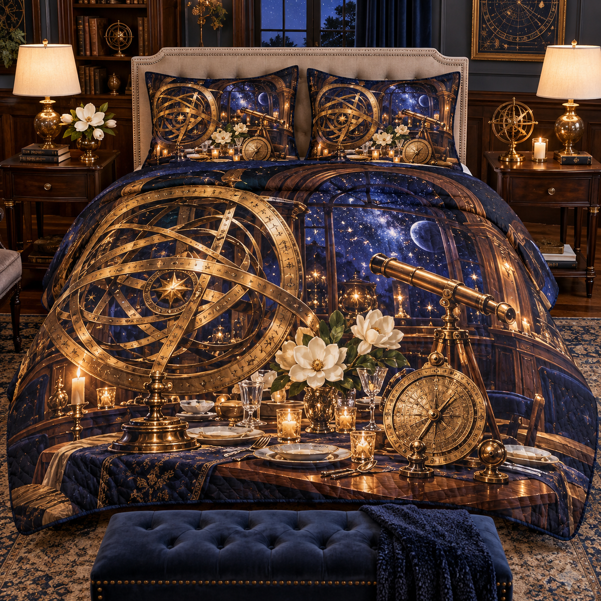 Celestial Host Salon Quilted Bedding Set with printed optical 3D artwork in its use setting