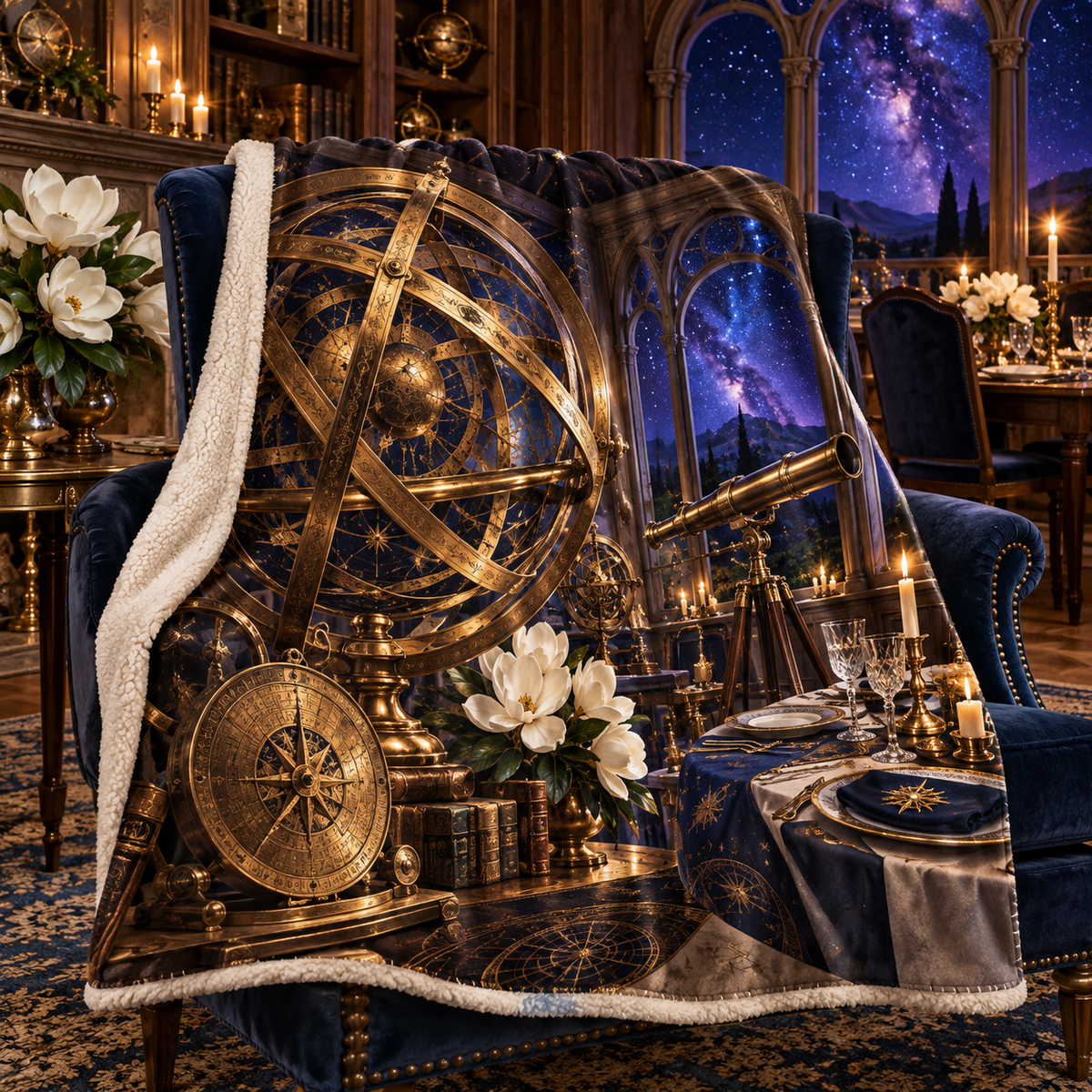 Celestial Host Salon Sherpa & Fleece Blanket with printed optical 3D artwork in its use setting
