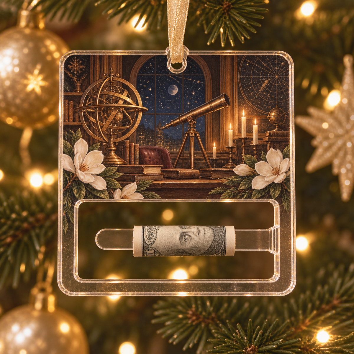 Celestial Host Salon Acrylic Cash Holder Ornament with printed optical 3D artwork in its use setting