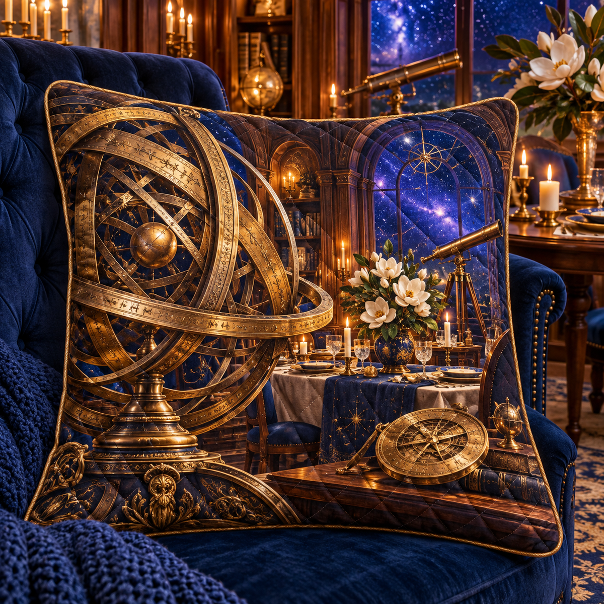 Celestial Host Salon Quilted Cushion Cover with printed optical 3D artwork in its use setting