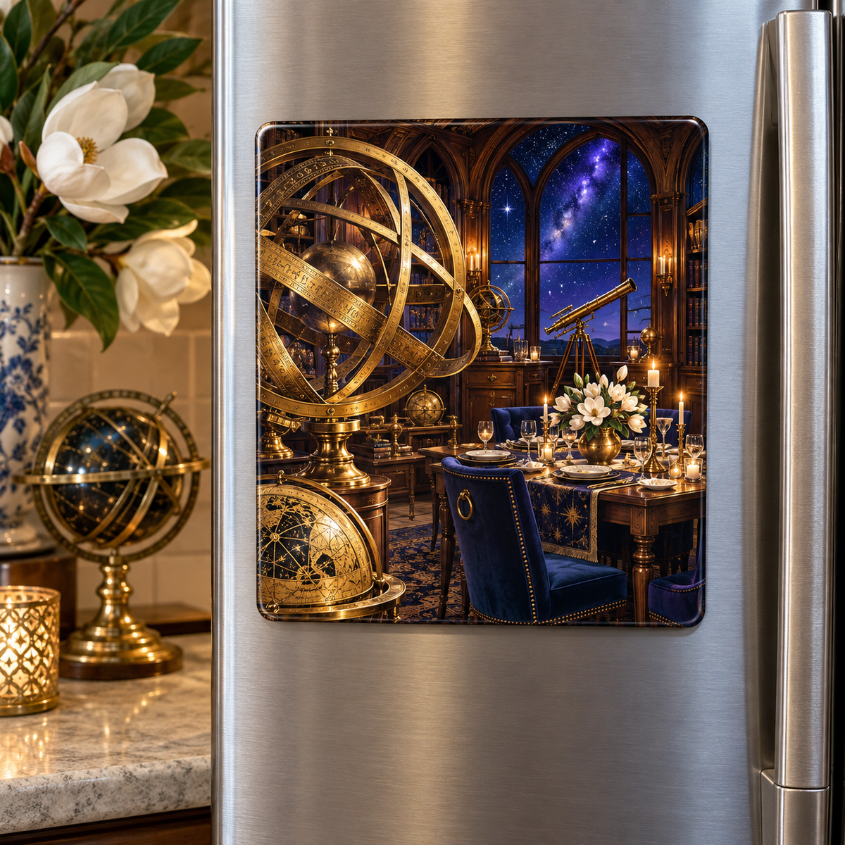 Celestial Host Salon Acrylic Refrigerator Magnet with printed optical 3D artwork in its use setting