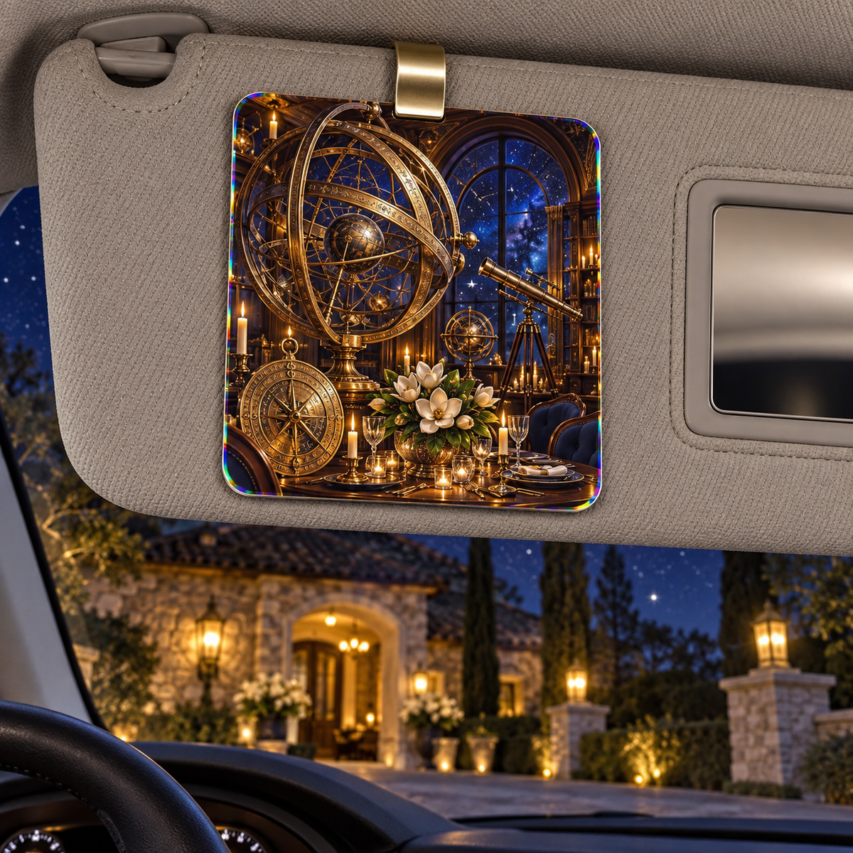 Celestial Host Salon Holographic Car Visor Clip with printed optical 3D artwork in its use setting