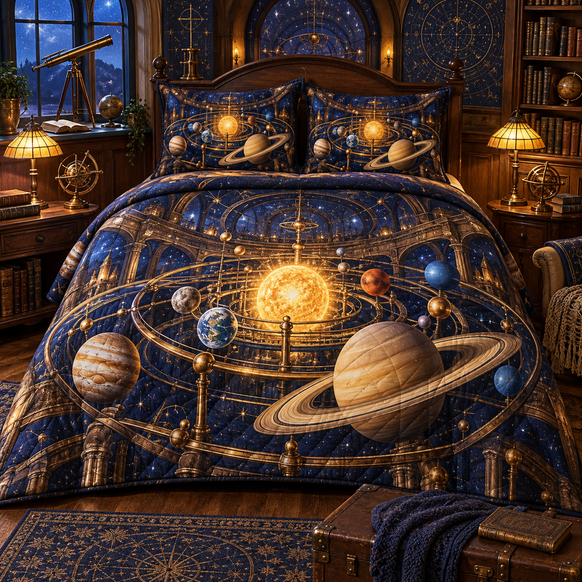Vintage Planetarium Nook Quilted Bedding Set with printed optical 3D artwork in its use setting