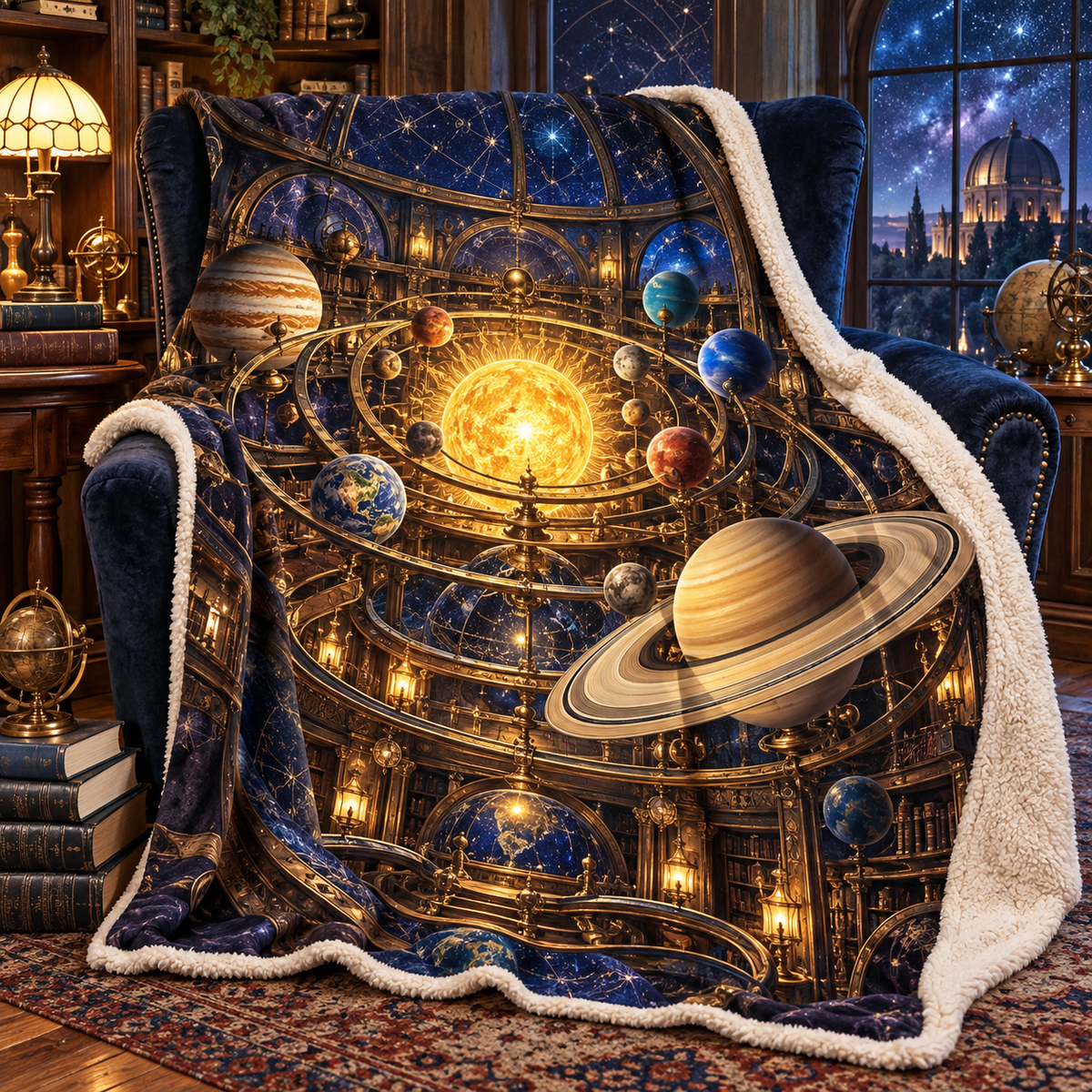 Vintage Planetarium Nook Sherpa & Fleece Blanket with printed optical 3D artwork in its use setting