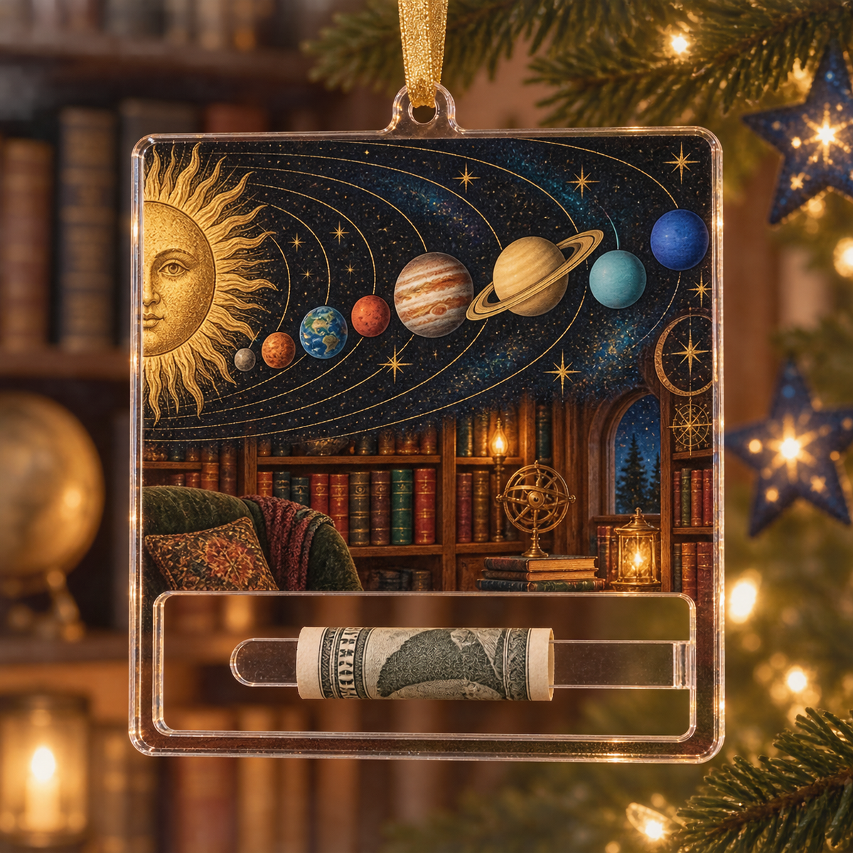 Vintage Planetarium Nook Acrylic Cash Holder Ornament with printed optical 3D artwork in its use setting