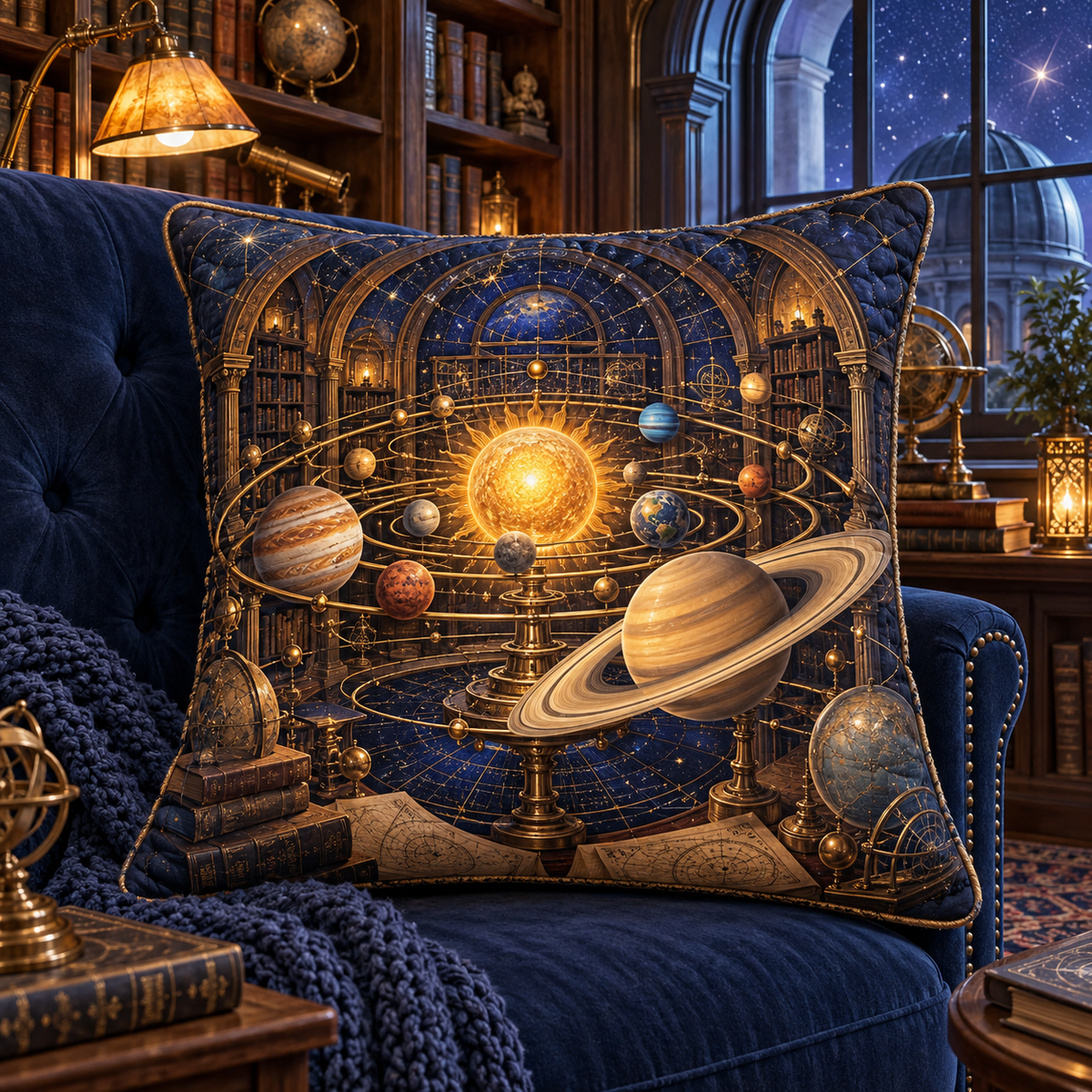 Vintage Planetarium Nook Quilted Cushion Cover with printed optical 3D artwork in its use setting