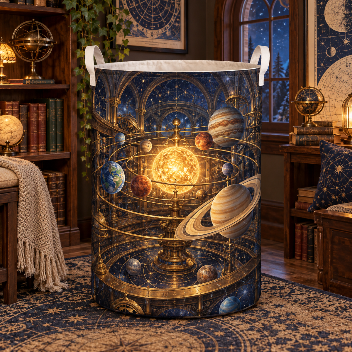 Vintage Planetarium Nook Laundry Hamper with printed optical 3D artwork in its use setting