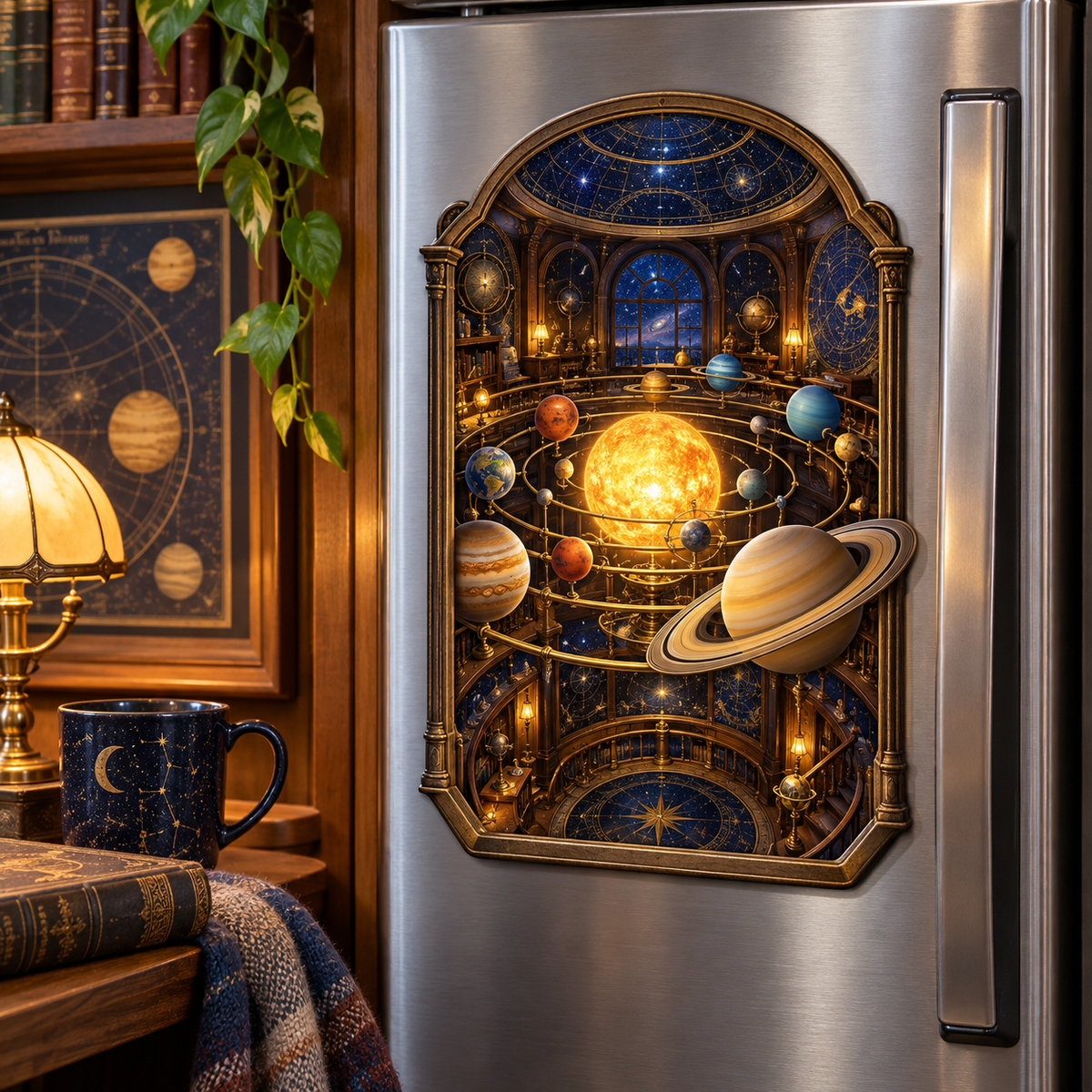 Vintage Planetarium Nook Acrylic Refrigerator Magnet with printed optical 3D artwork in its use setting