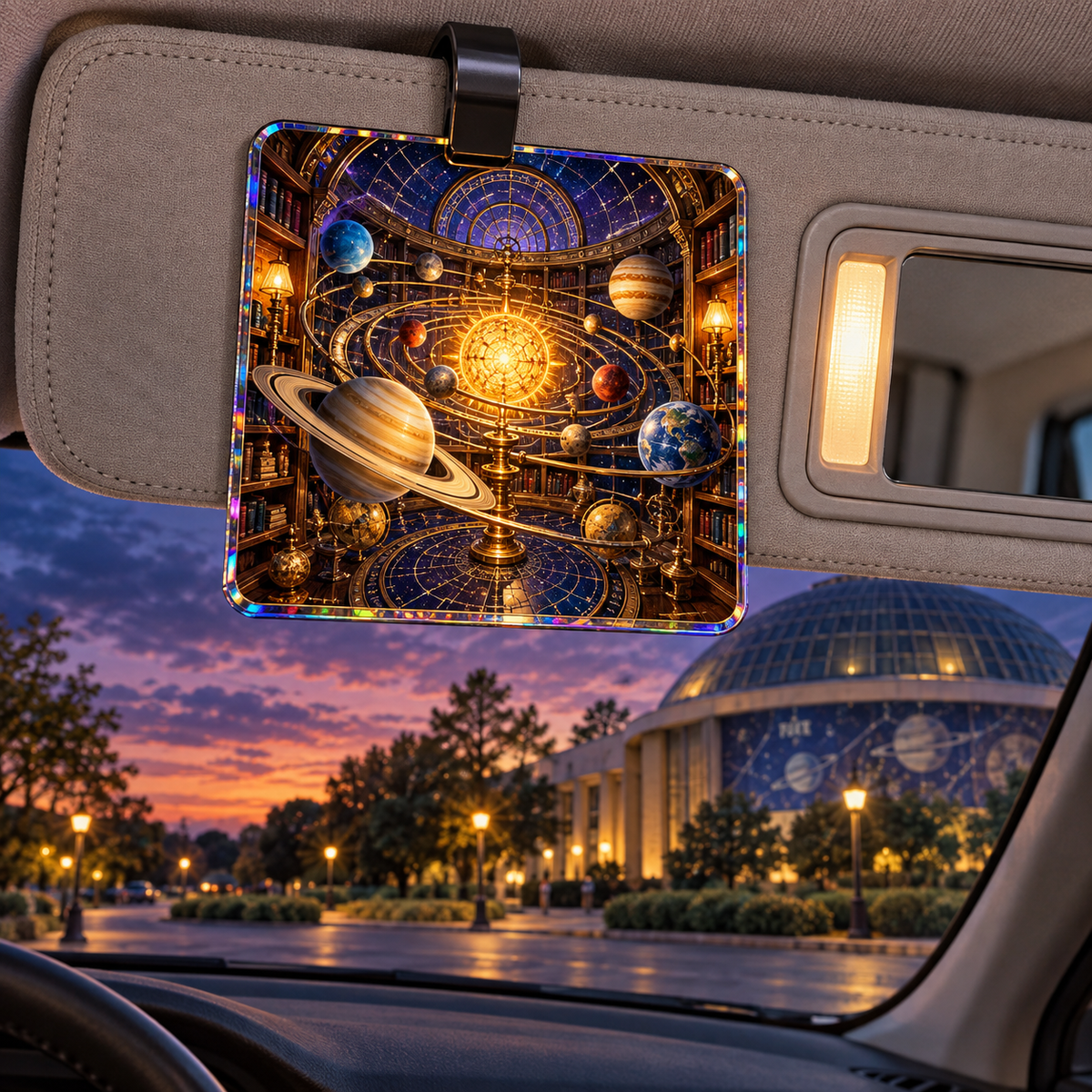 Vintage Planetarium Nook Holographic Car Visor Clip with printed optical 3D artwork in its use setting