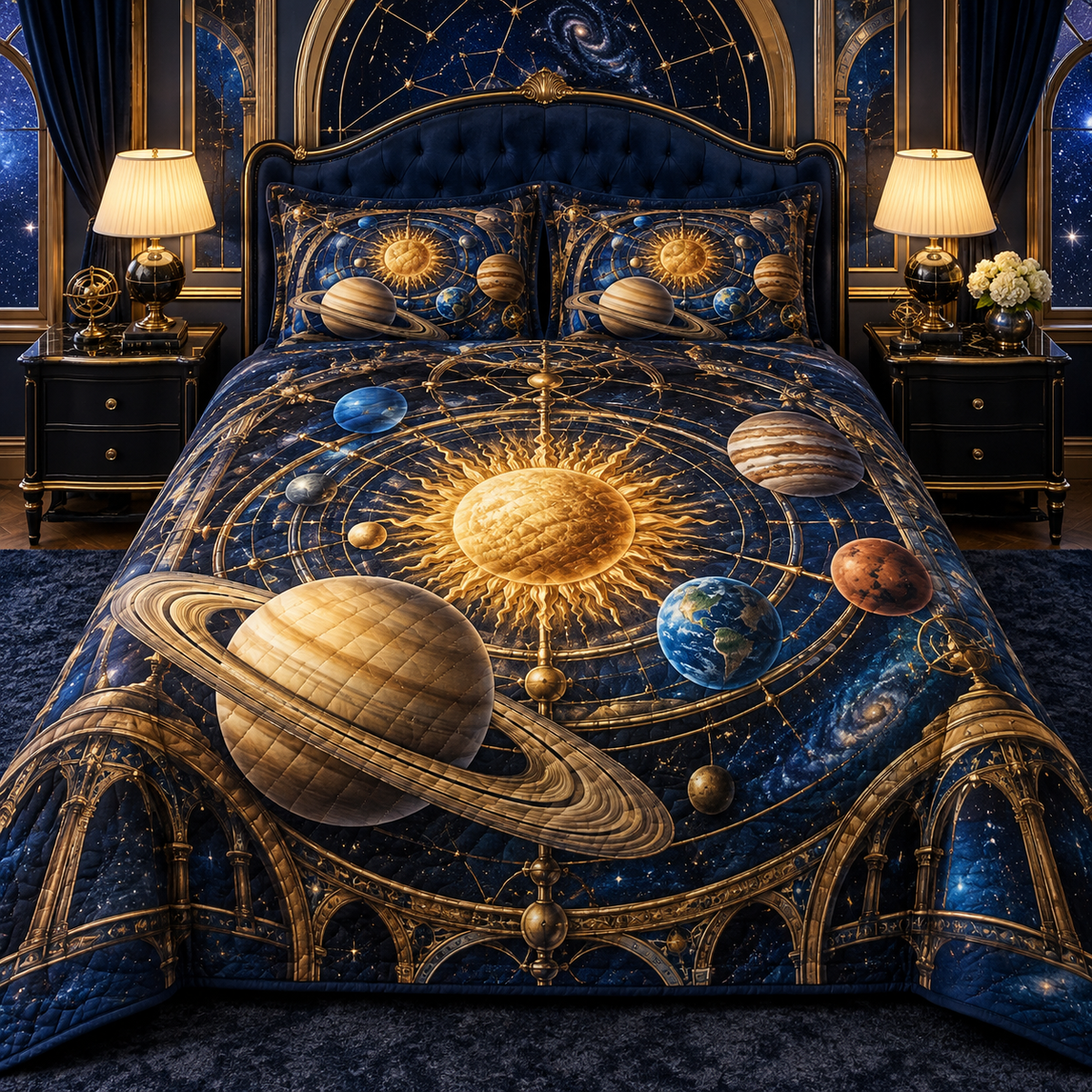 Solaris Grand Bedroom Quilted Bedding Set with printed optical 3D artwork in its use setting