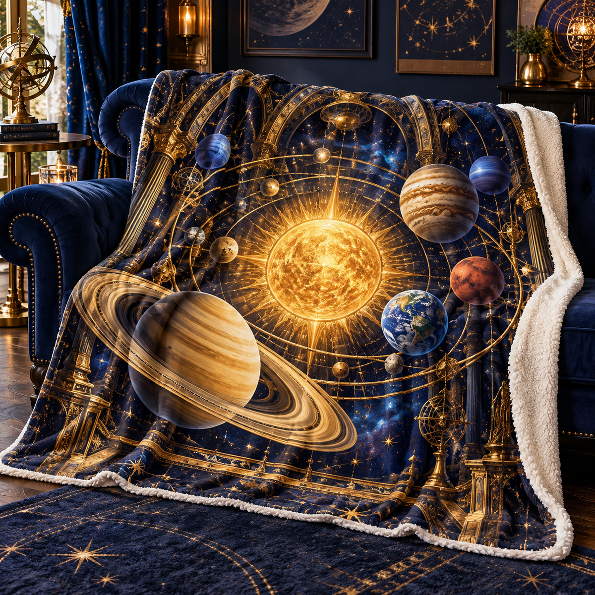 Solaris Grand Bedroom Sherpa & Fleece Blanket with printed optical 3D artwork in its use setting