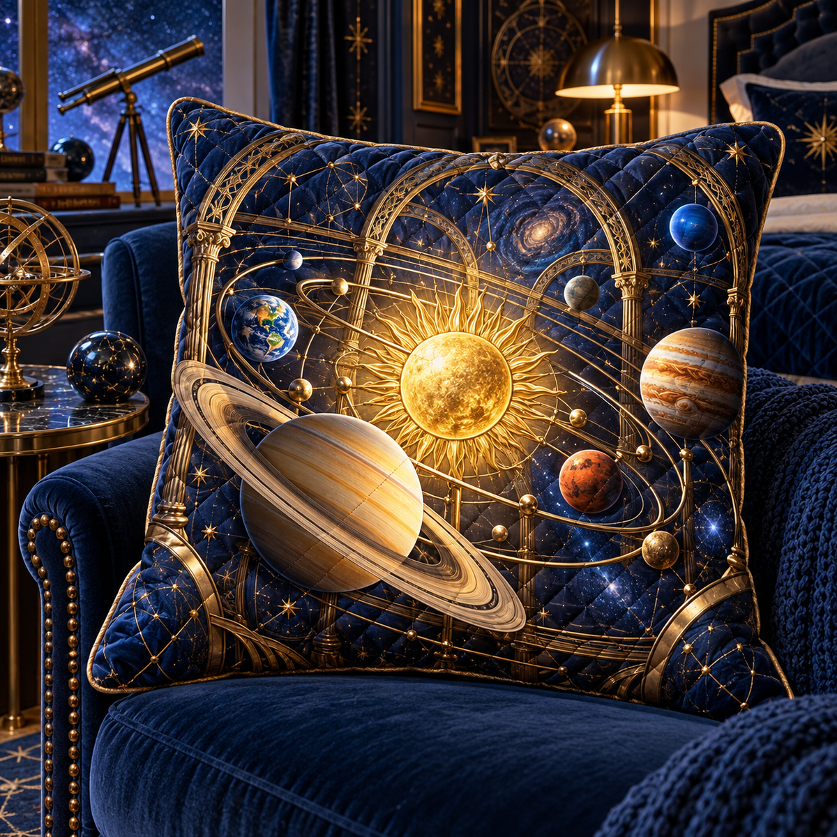 Solaris Grand Bedroom Quilted Cushion Cover with printed optical 3D artwork in its use setting