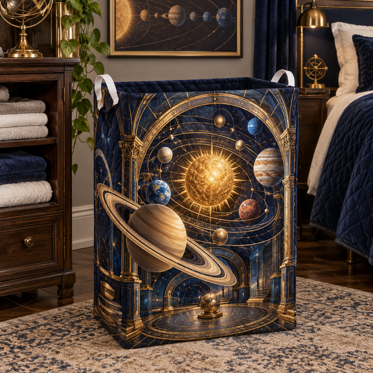 Solaris Grand Bedroom Laundry Hamper with printed optical 3D artwork in its use setting