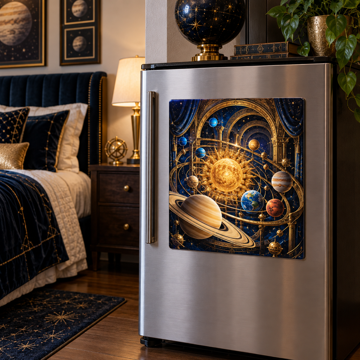 Solaris Grand Bedroom Acrylic Refrigerator Magnet with printed optical 3D artwork in its use setting