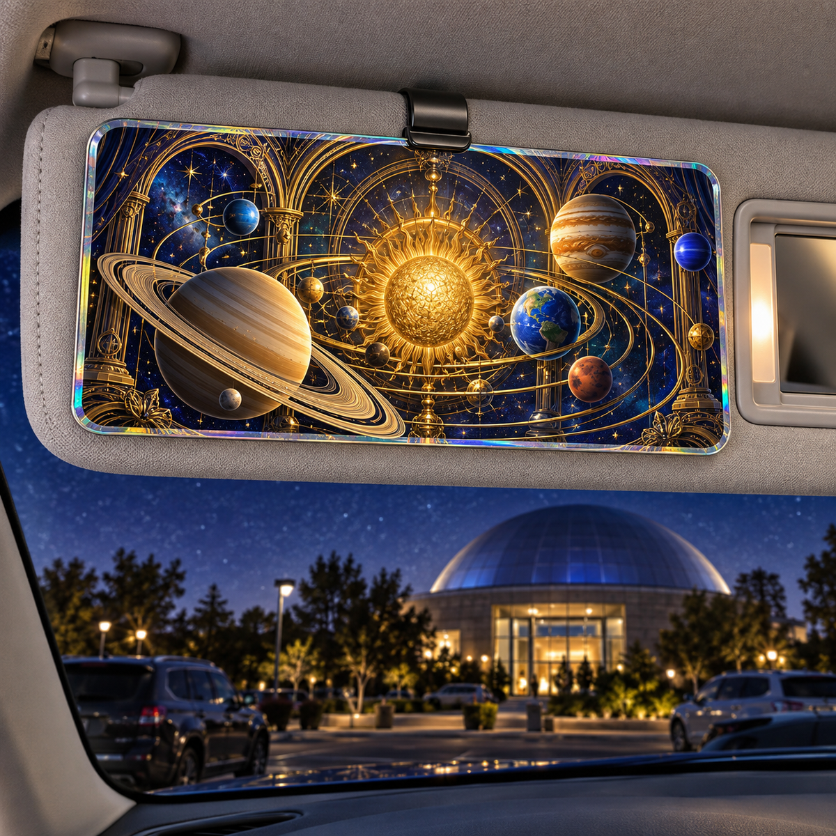 Solaris Grand Bedroom Holographic Car Visor Clip with printed optical 3D artwork in its use setting