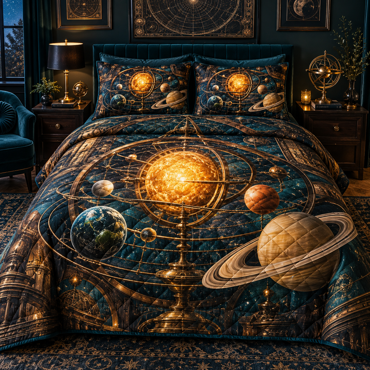 Celestial Salon Orrery Quilted Bedding Set with printed optical 3D artwork in its use setting