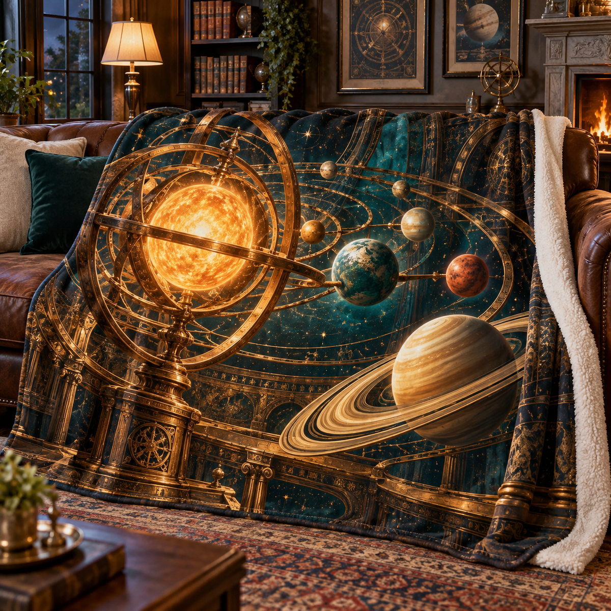 Celestial Salon Orrery Sherpa & Fleece Blanket with printed optical 3D artwork in its use setting