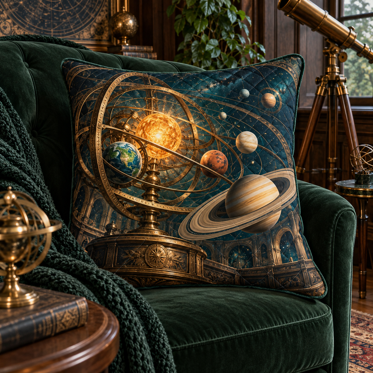 Celestial Salon Orrery Quilted Cushion Cover with printed optical 3D artwork in its use setting