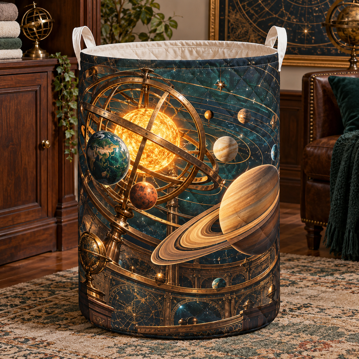 Celestial Salon Orrery Laundry Hamper with printed optical 3D artwork in its use setting