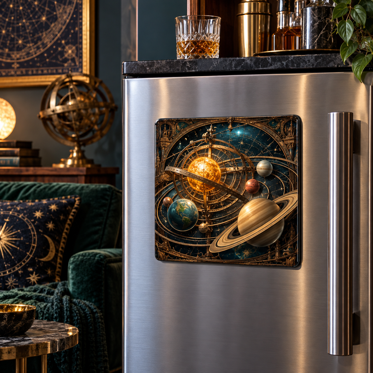 Celestial Salon Orrery Acrylic Refrigerator Magnet with printed optical 3D artwork in its use setting