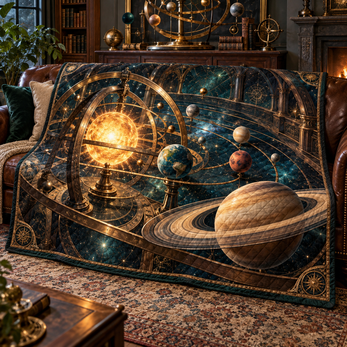 Celestial Salon Orrery Quilt Blanket with printed optical 3D artwork in its use setting