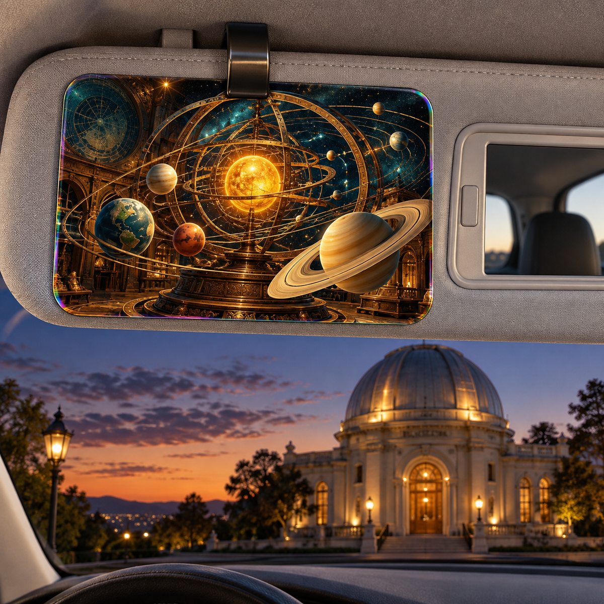 Celestial Salon Orrery Holographic Car Visor Clip with printed optical 3D artwork in its use setting