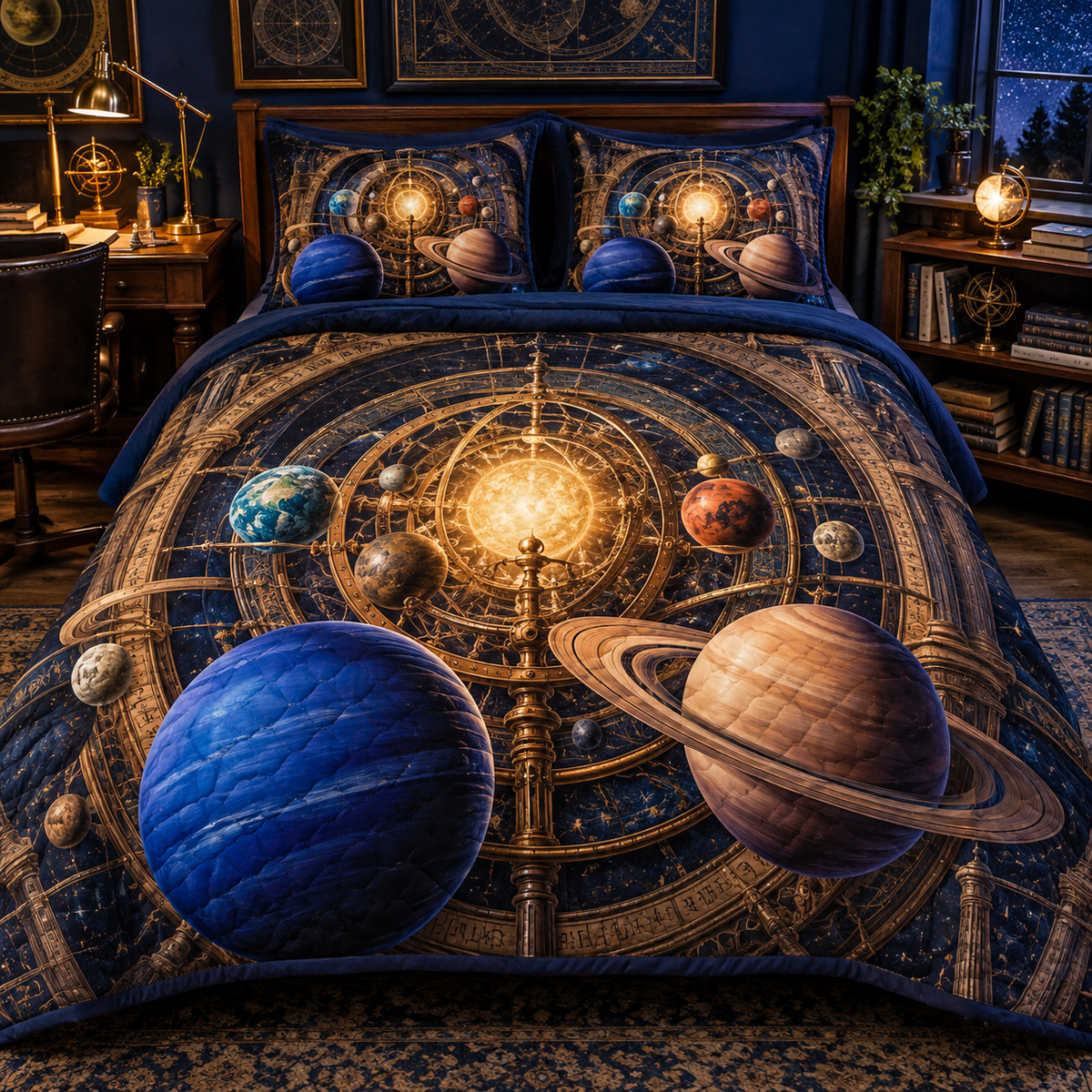 Astronomer's Study Atlas Quilted Bedding Set with printed optical 3D artwork in its use setting