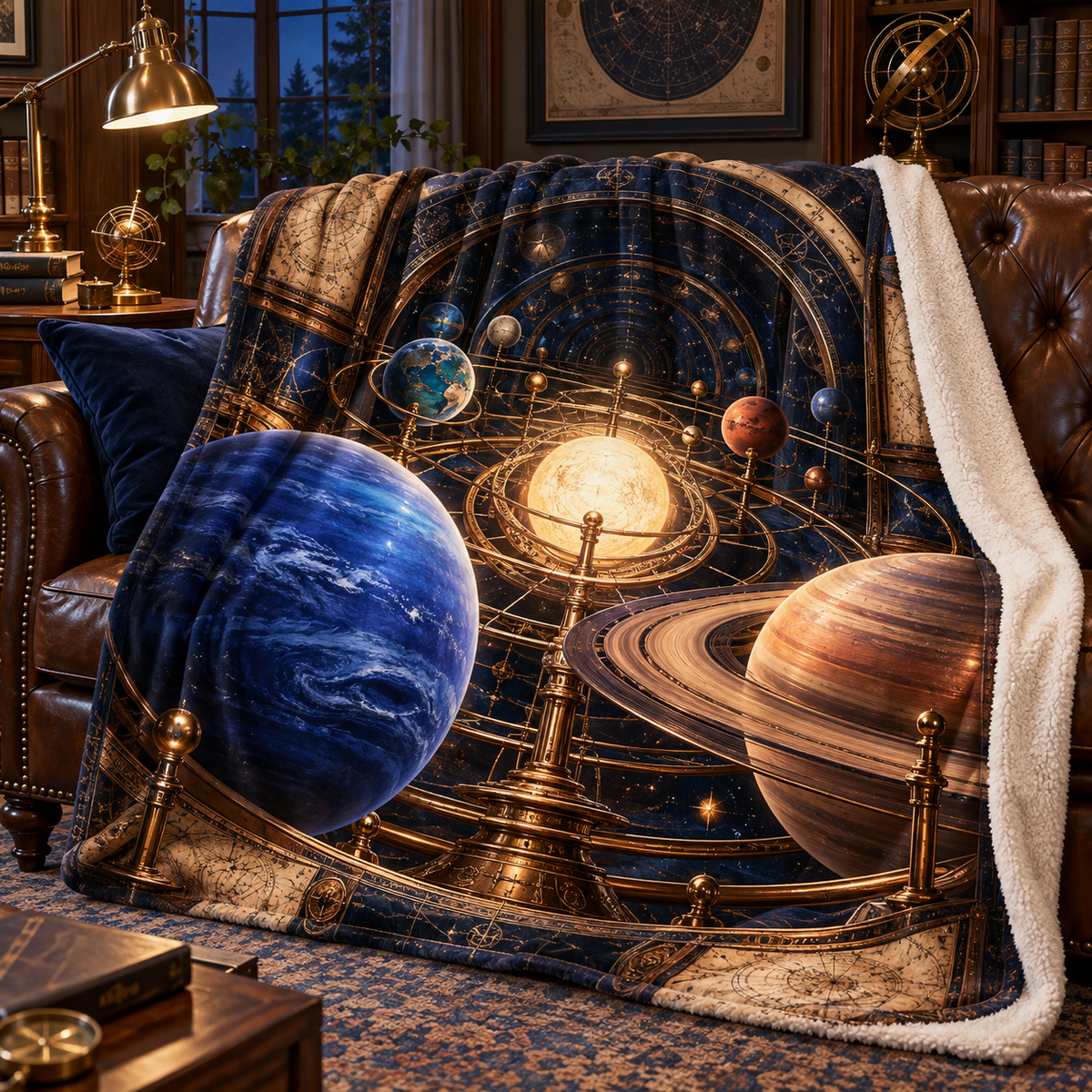 Astronomer's Study Atlas Sherpa & Fleece Blanket with printed optical 3D artwork in its use setting