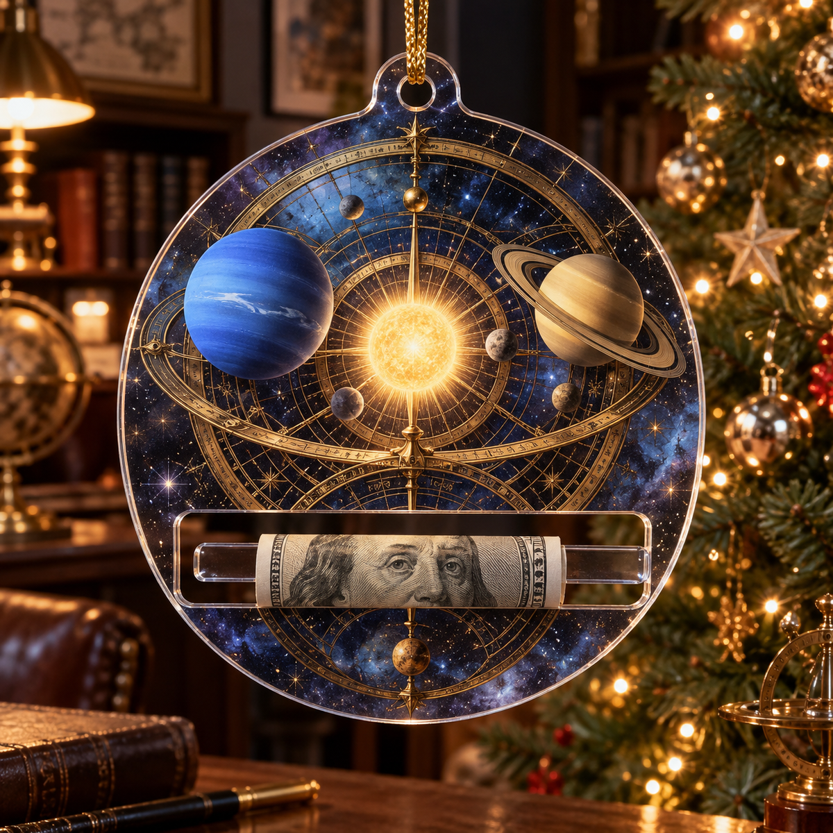 Astronomer's Study Atlas Acrylic Cash Holder Ornament with printed optical 3D artwork in its use setting
