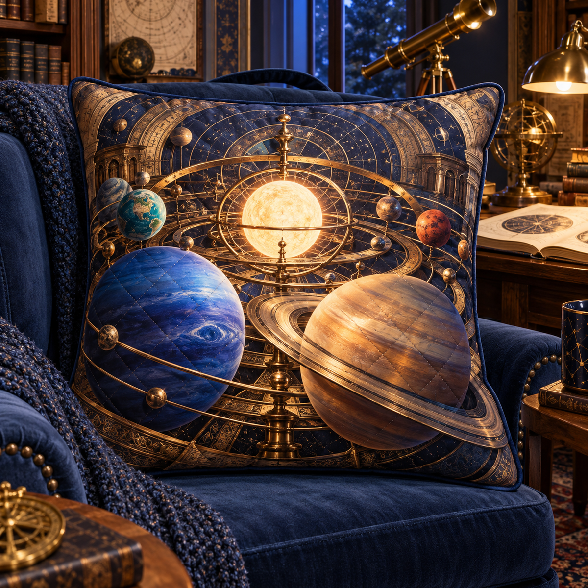 Astronomer's Study Atlas Quilted Cushion Cover with printed optical 3D artwork in its use setting