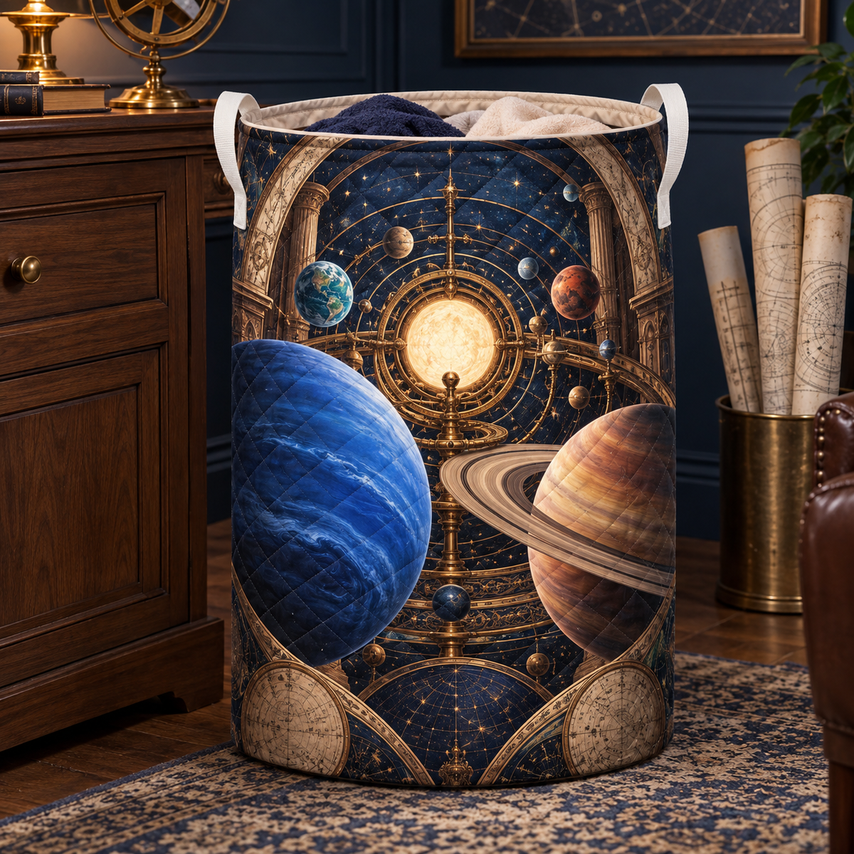 Astronomer's Study Atlas Laundry Hamper with printed optical 3D artwork in its use setting