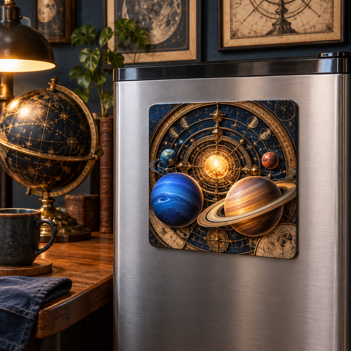 Astronomer's Study Atlas Acrylic Refrigerator Magnet with printed optical 3D artwork in its use setting
